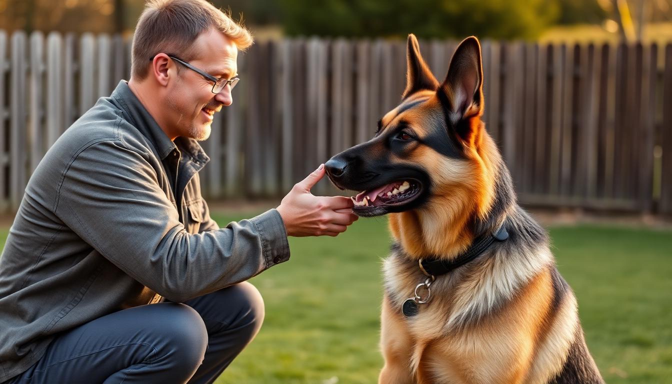 Trainer working one-on-one with a focused German Shepherd