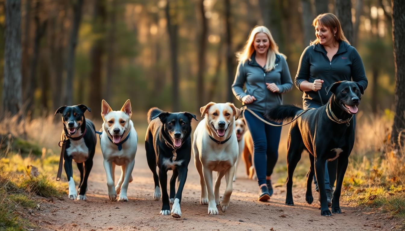 Pack of dogs walking calmly on a forest trail with trainers